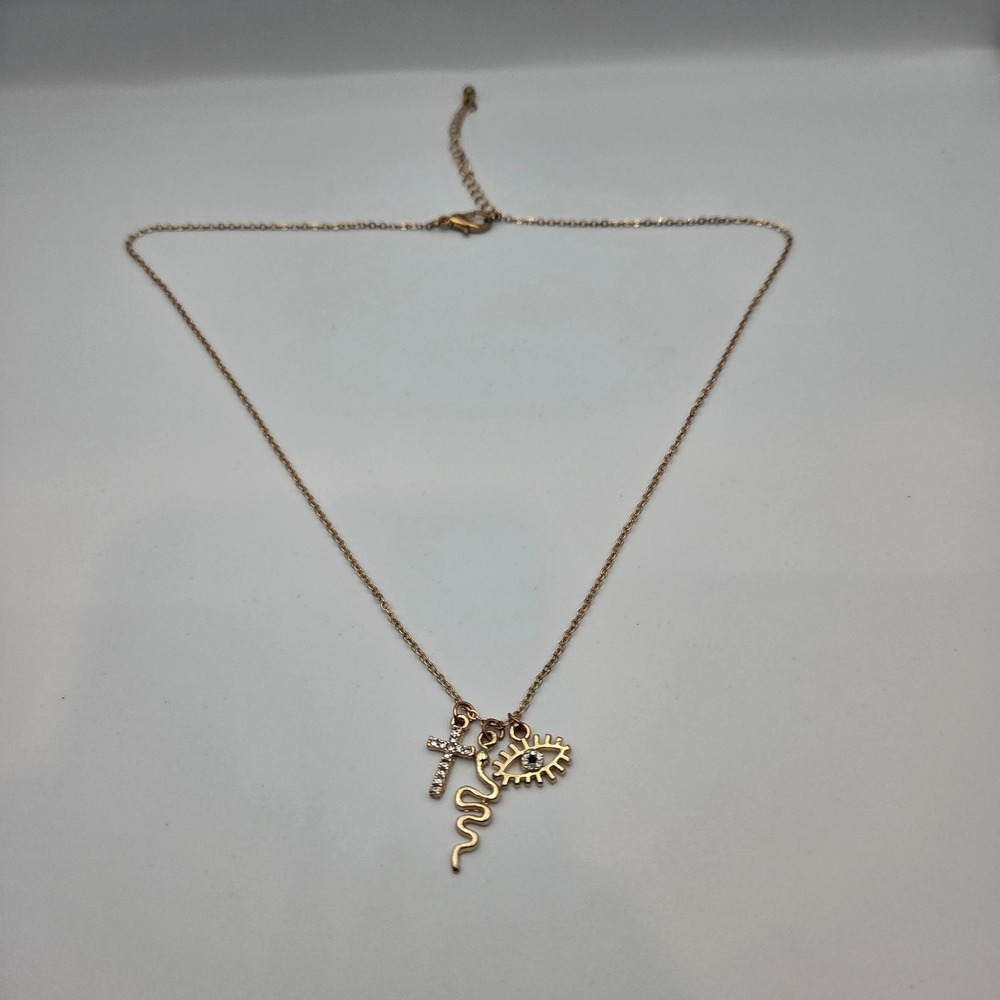 Unbranded Charm Necklace Cross Snake Evil Eye Gold Tone Rhinestone 18" Adjust